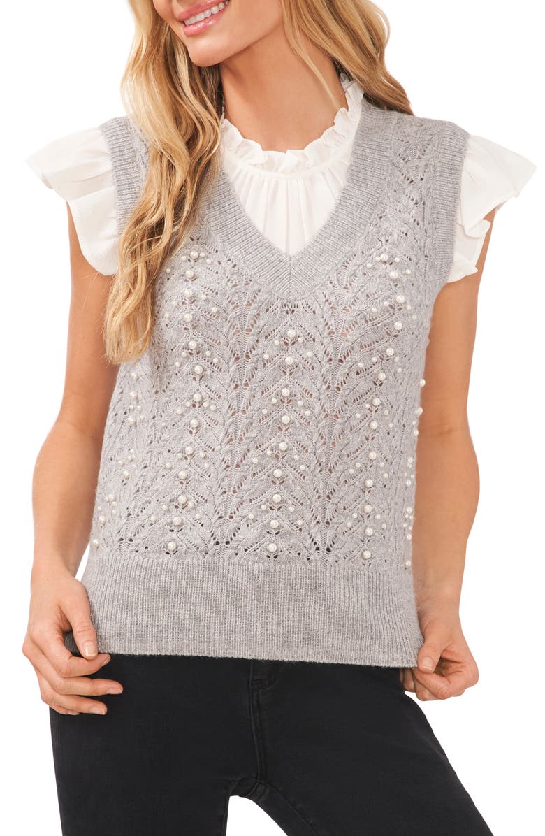 CeCe Imitation Pearl Pointelle Top, Main, color, 