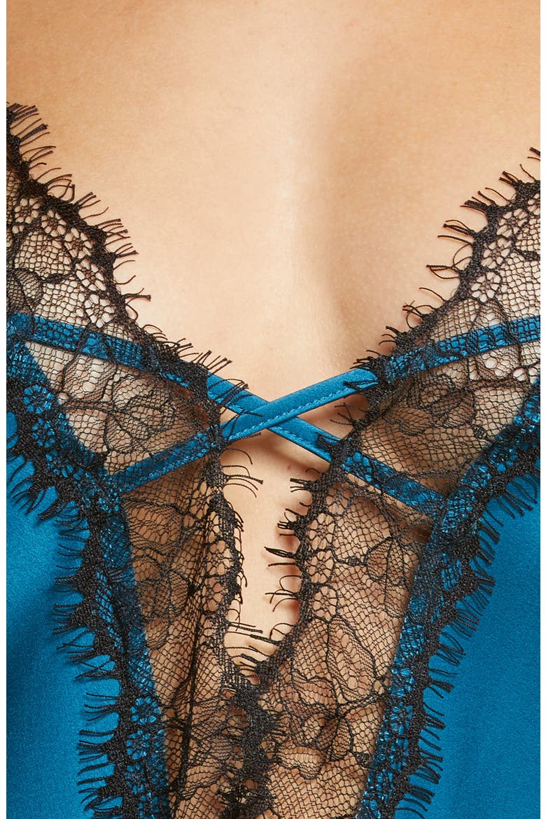 Cherryann Lace Trim Satin Chemise, Alternate, color, TEAL