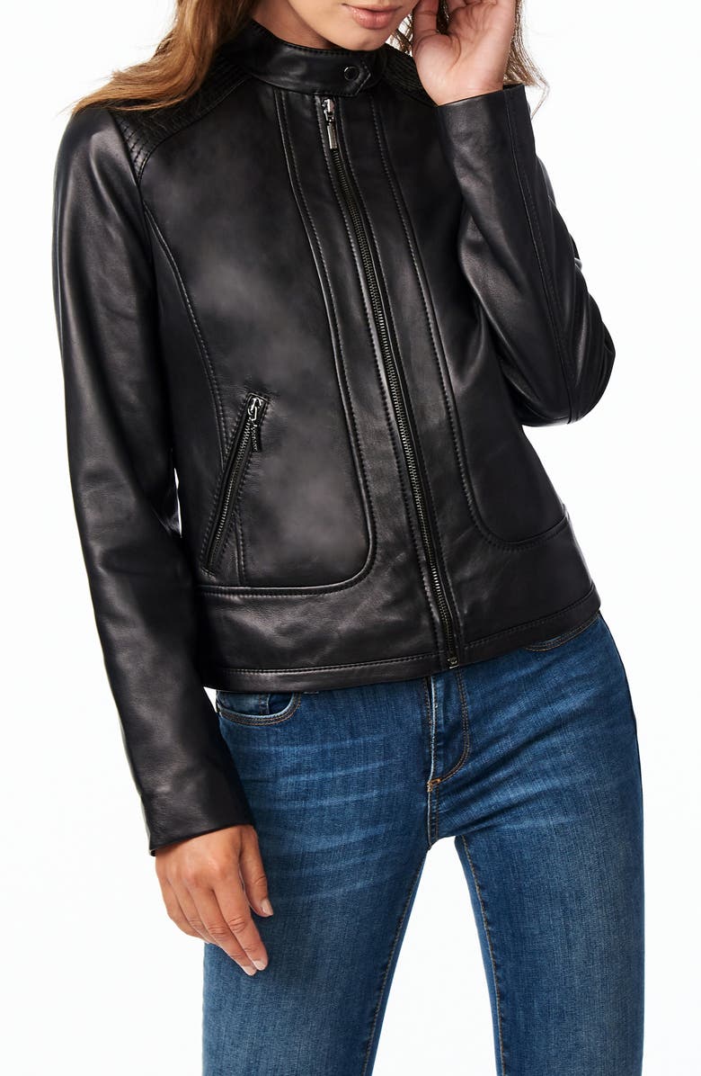 Bernardo Stitch Detail Sheepskin Leather Racer Jacket, Main, color, 