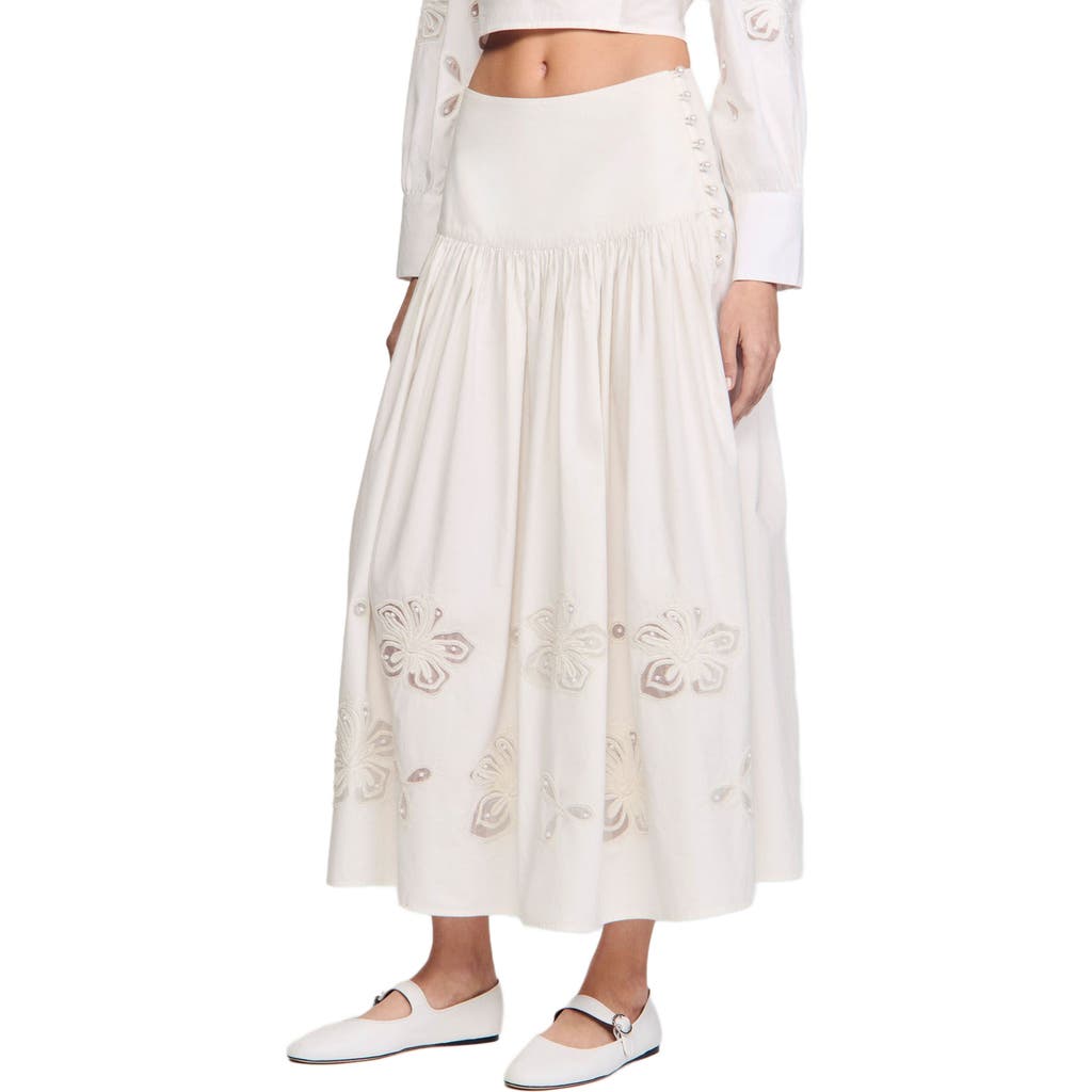 Sandro Edonie Embroidered Midi Skirt In Ecru