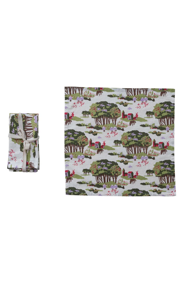 Storied Home 4-Piece Cotton Printed Napkins with Farm, Trees and Animals, Multicolor, Main, color, White