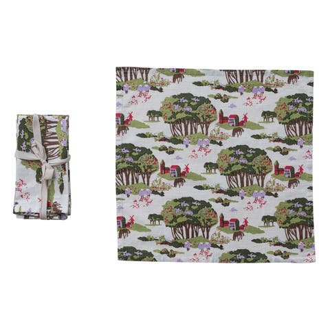 4-Piece Cotton Printed Napkins with Farm, Trees and Animals, Multicolor