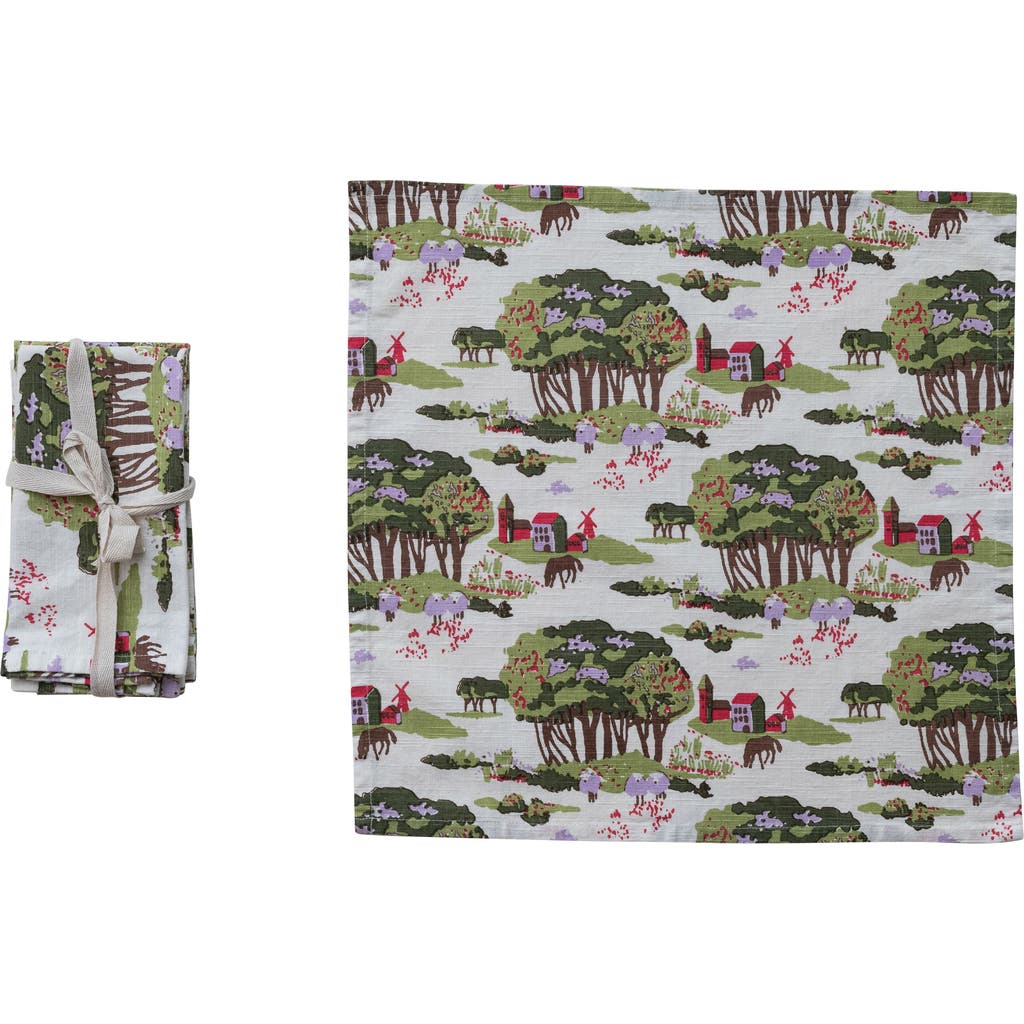 Storied Home 4-piece Cotton Printed Napkins With Farm, Trees And Animals, Multicolor In White