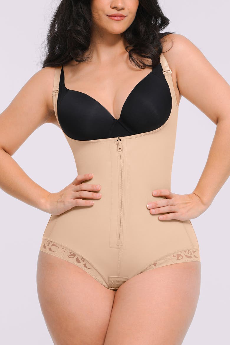 AirSlim® Zipper Front Open Bust Brief Bodysuit, Main, color, Pinkish Beige