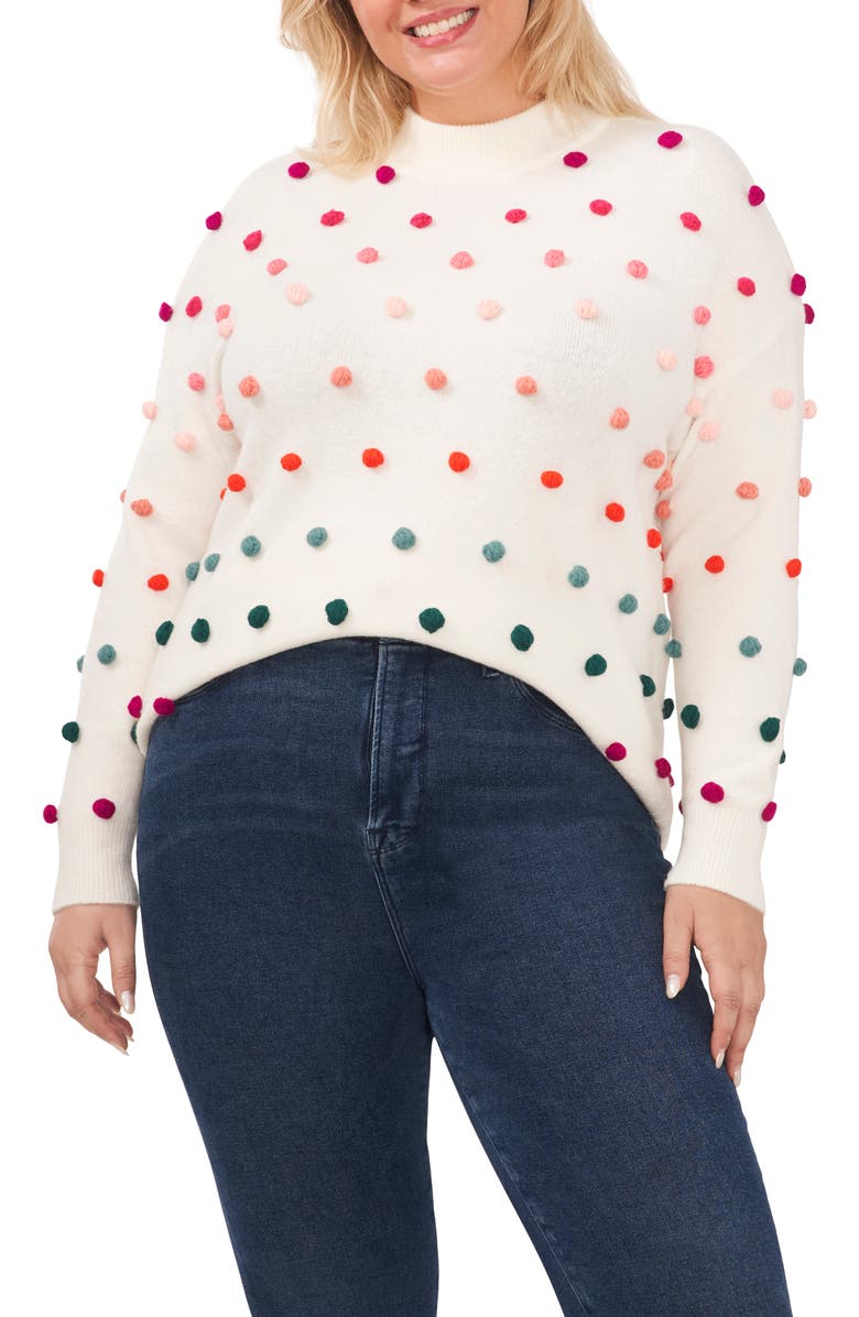 CeCe Rainbow Pompom Mock Neck Sweater, Main, color,