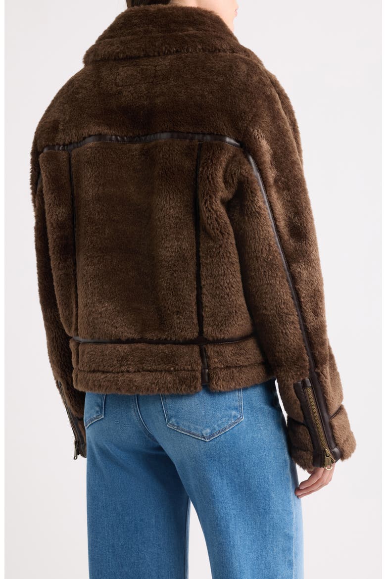 Faux Fur Jacket with Faux Leather Trim, Alternate, color, BROWN