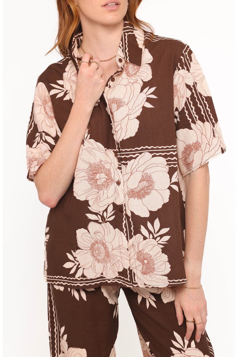 Bernadine Floral Oversize Short Sleeve Button-Up Shirt, Alternate, color, BROWN FLORAL