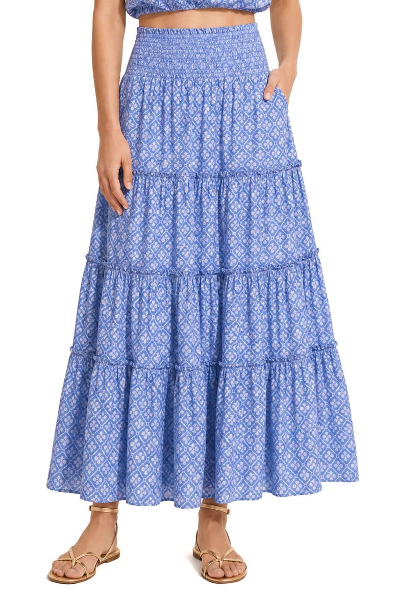 Charlie Eyelet Embroidered Smock Waist Slit Skirt, Main, color, Meridien Breeze
