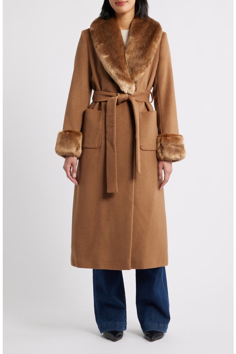 Wool Blend Coat with Faux Fur Trim, Main, color, VICUNA