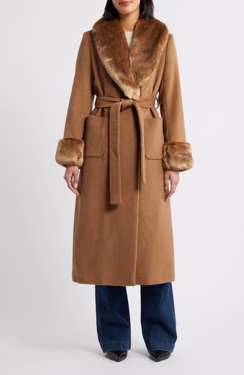 Wool Blend Coat with Faux Fur Trim