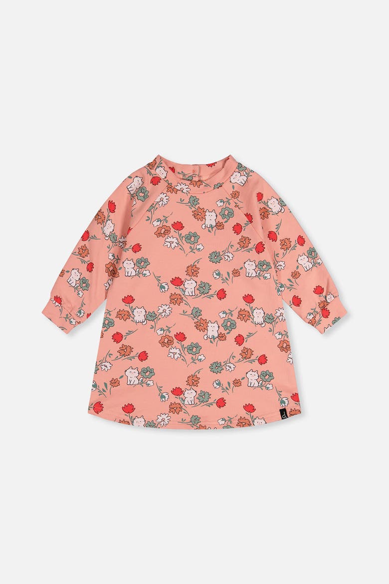 French Terry Cat Raglan Sleeve Curved Hem Dress, Main, color, Pink Cat Print