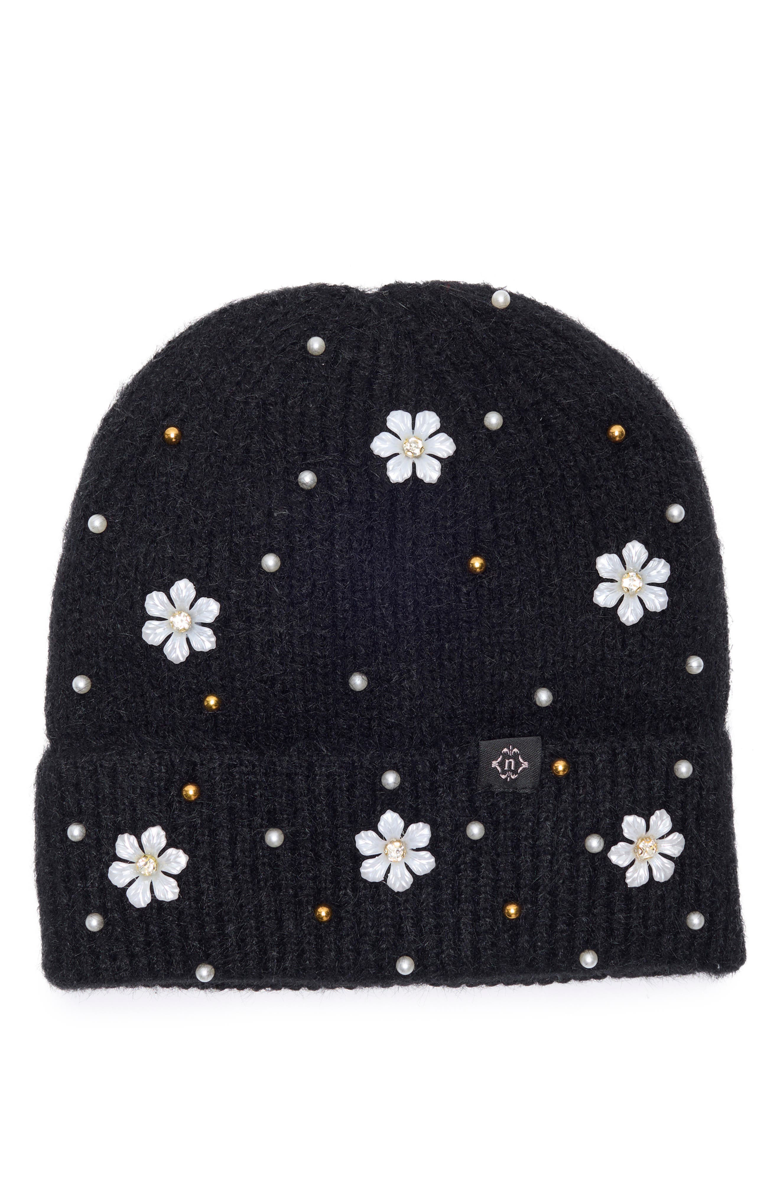 Nanette Lepore Faux Pearl Flower & Bead Knit Cuffed Beanie