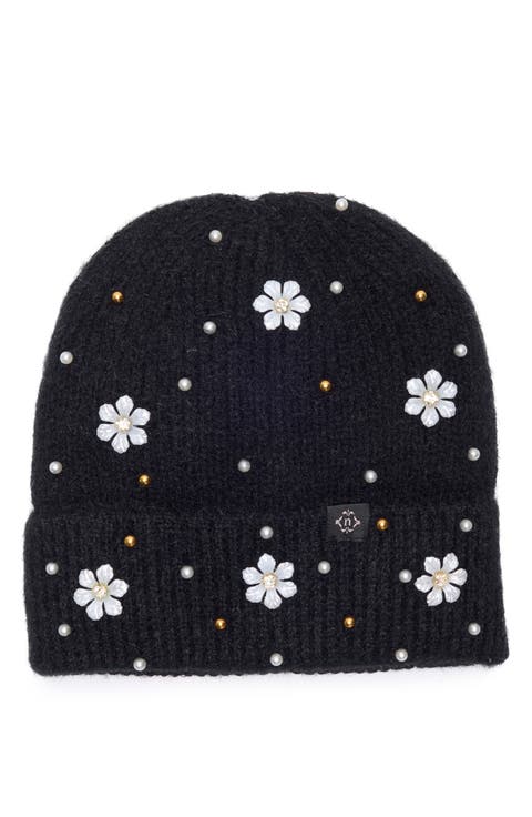 Faux Pearl Flower & Bead Knit Cuffed Beanie
