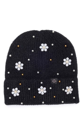 Nanette Lepore Faux Pearl Flower & Bead Knit Cuffed Beanie In Black