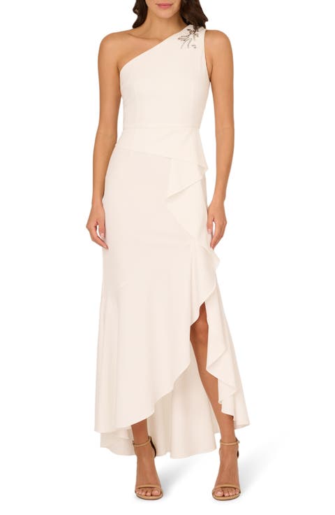 Beaded One-Shoulder Crepe Gown