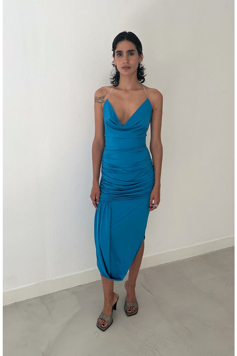 Romy Draped Midi Halterneck Dress, Alternate, color, Bright Blue