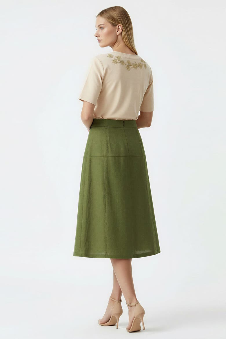 Burnice Buckle Detail Linen Midi Skirt, Alternate, color, Khaki