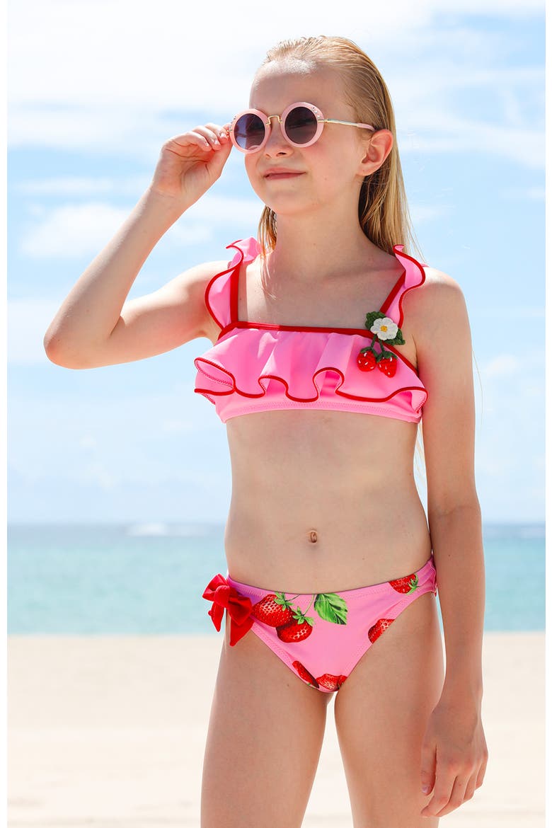 Kids' Ruffle Hand-Crochet 3D Strawberry Detail Two-Piece Swimsuit, Alternate, color, Pink