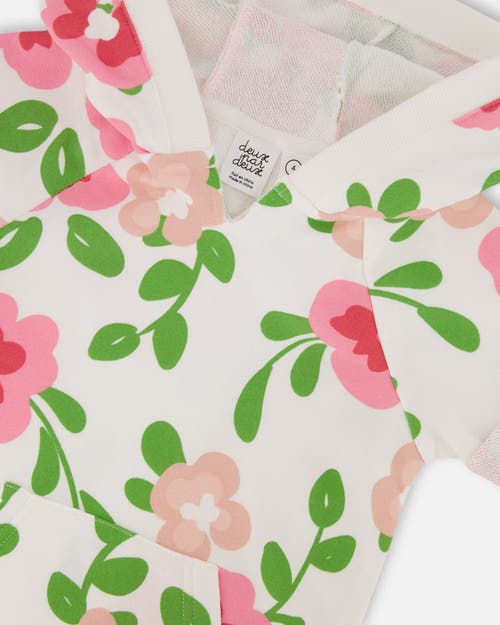 Deux Par Deux Little Girl's Printed French Terry Hooded Dress Pink Flowers On White Background In Pink Flowers On White