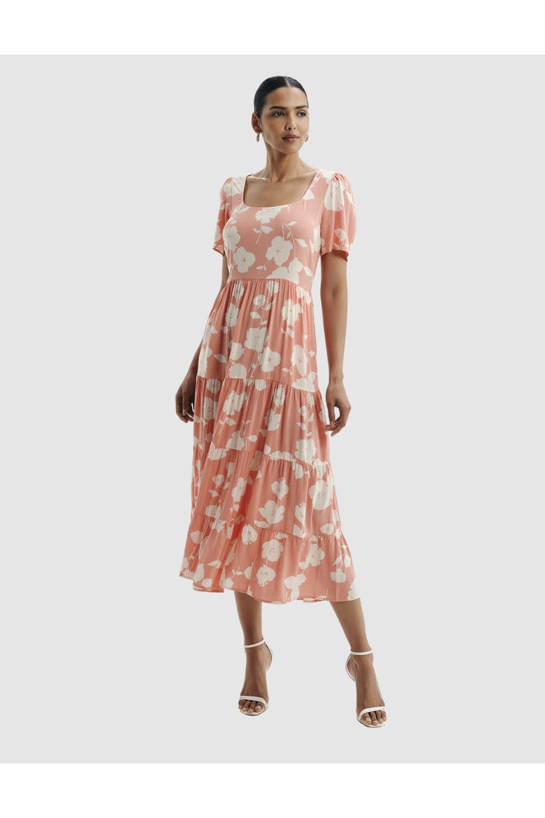 Petite Teresa Printed Tiered Midi Dress, Main, color, Coral Floral