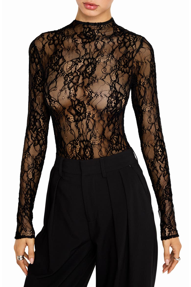 Sheer Lace Mock Neck Long Sleeve Bodysuit, Main, color, BLACK001