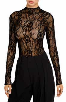Sheer Lace Mock Neck Long Sleeve Bodysuit