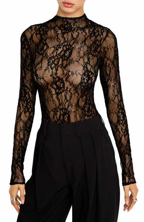 Sheer Lace Mock Neck Long Sleeve Bodysuit