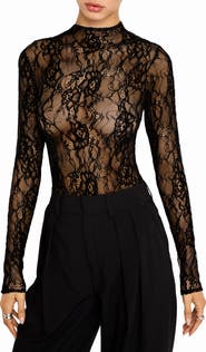 Good American Sheer Lace Mock Neck Long Sleeve Bodysuit