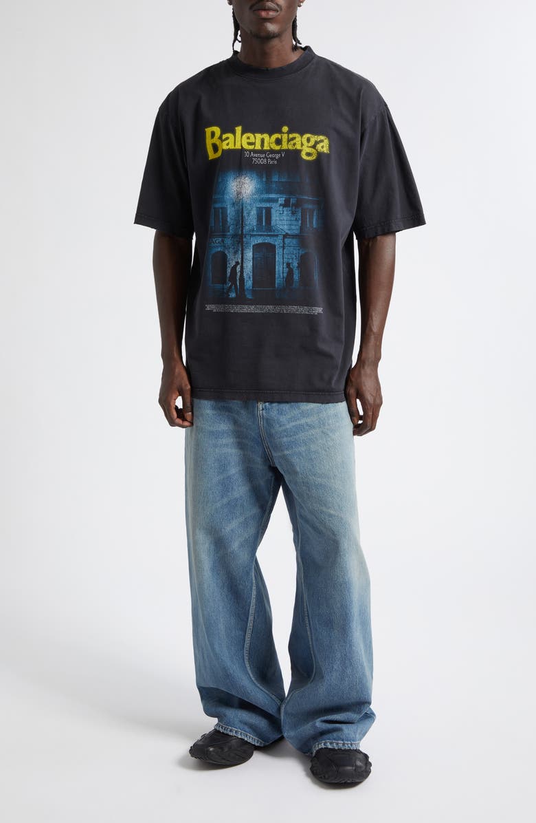 Balenciaga Medium Fit Distressed The Address Graphic T-Shirt, Alternate, color, Faded Washed Black