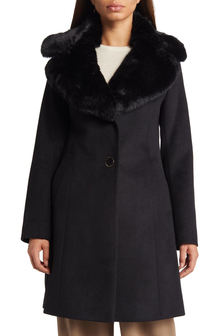 Faux Fur Collar Wool Blend Coat, Alternate, color, BLACK