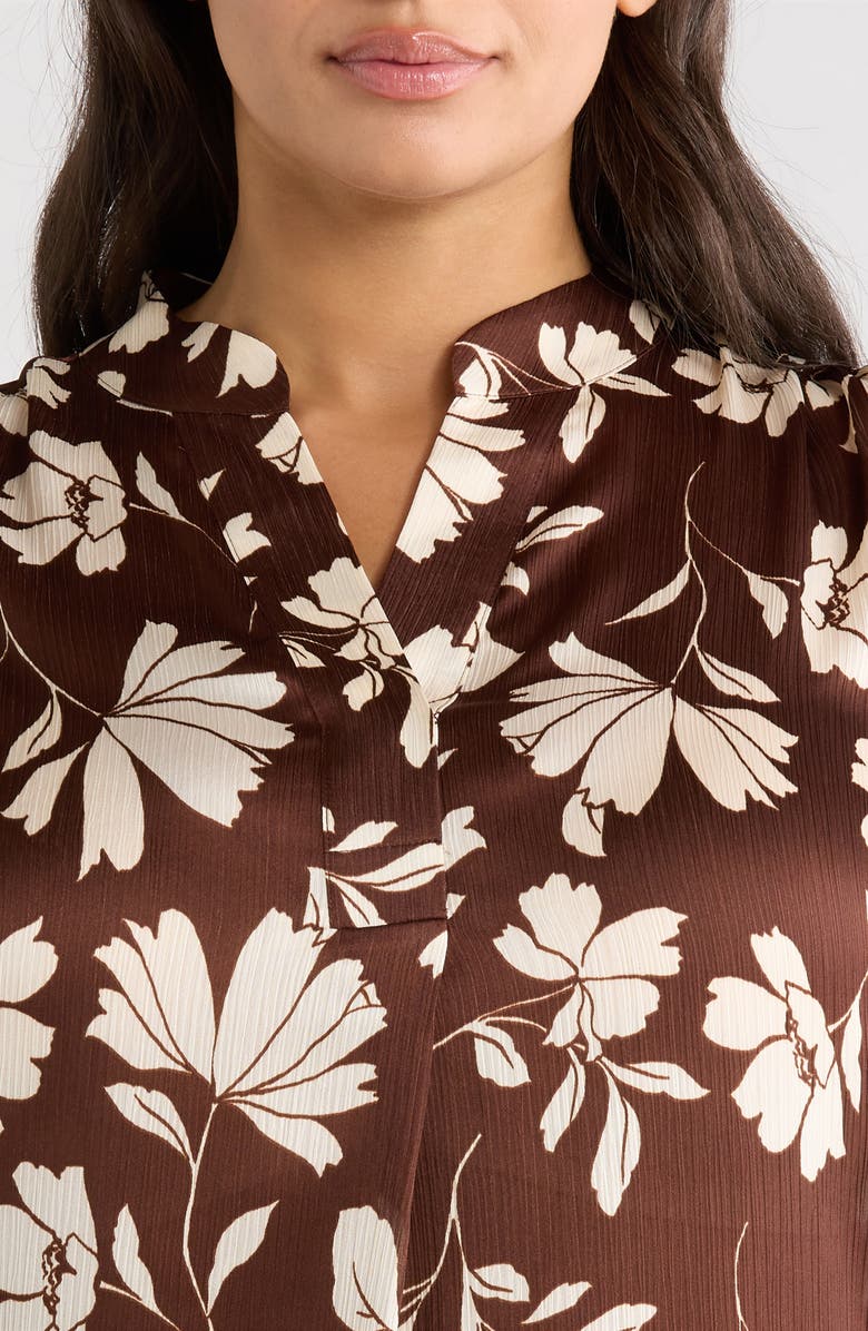 Anne Klein Floral Split Neck Top, Alternate, color, Dark Chocolate/ White