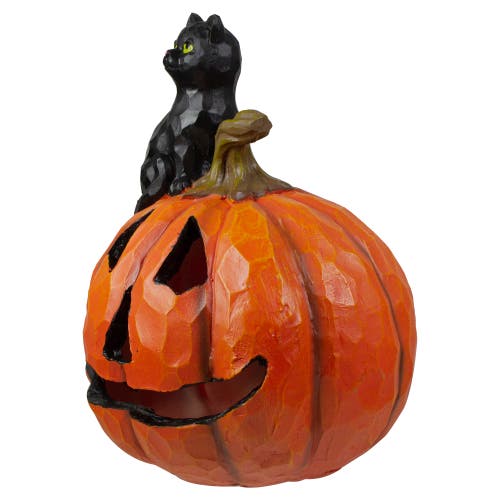 Northlight 10" Led Lighted Jack-o-lantern And Black Cat Tabletop Halloween Figure In Orange