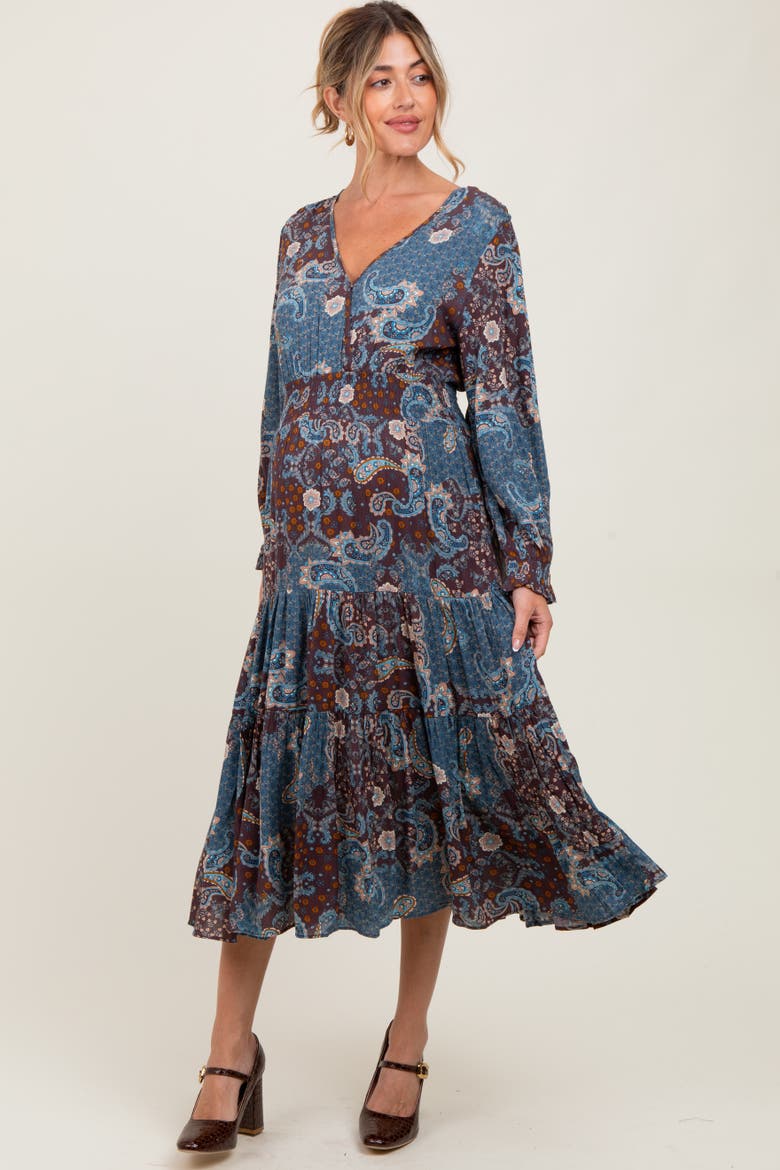 Paisley Print Smocked Waist Tiered Midi Dress, Alternate, color, Teal