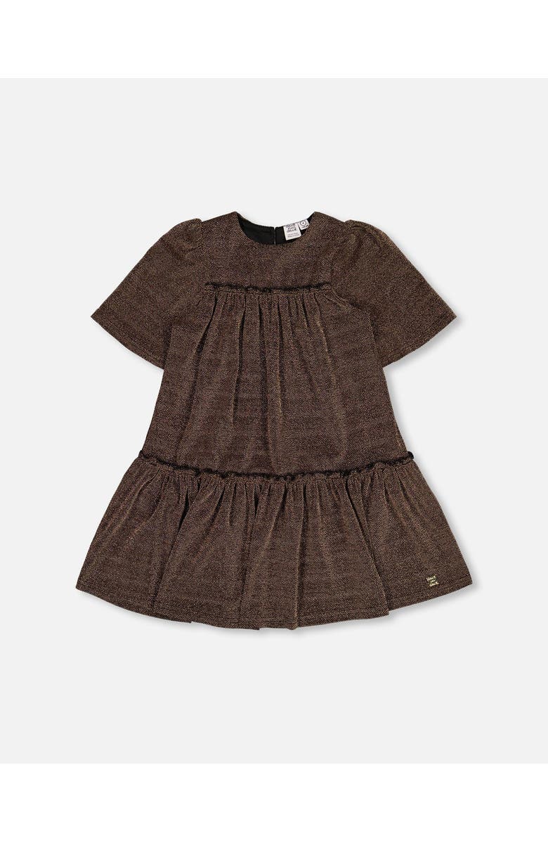 Deux par Deux Girl's Short Sleeve Metallic Dress With Frills Golden Brown, Main, color, 