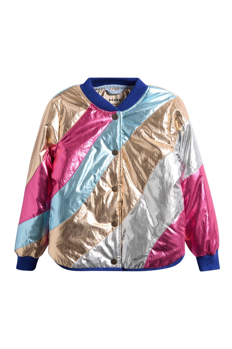 Kids' Stripe Metallic Bomber Jacket, Main, color, METALLIC WAVE