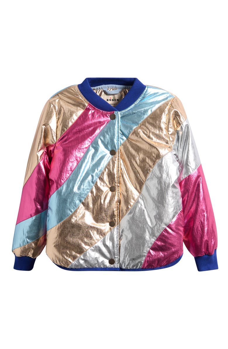 Mini Boden Kids' Stripe Metallic Bomber Jacket, Main, color, Metallic Wave