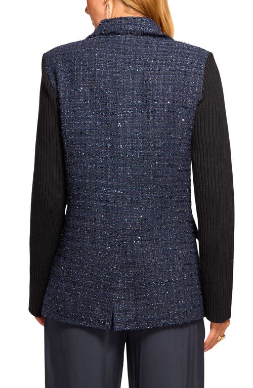Ramy Brook Elsa Tweed Knit Combo Double Breasted Tweed Blazer In Blue