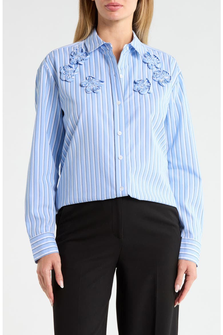 Priya Cotton Poplin Shirt with Floral Appliqu, Main, color, BLUE STRIPE