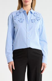 Rebecca Taylor Priya Cotton Poplin Shirt with Floral Appliqu