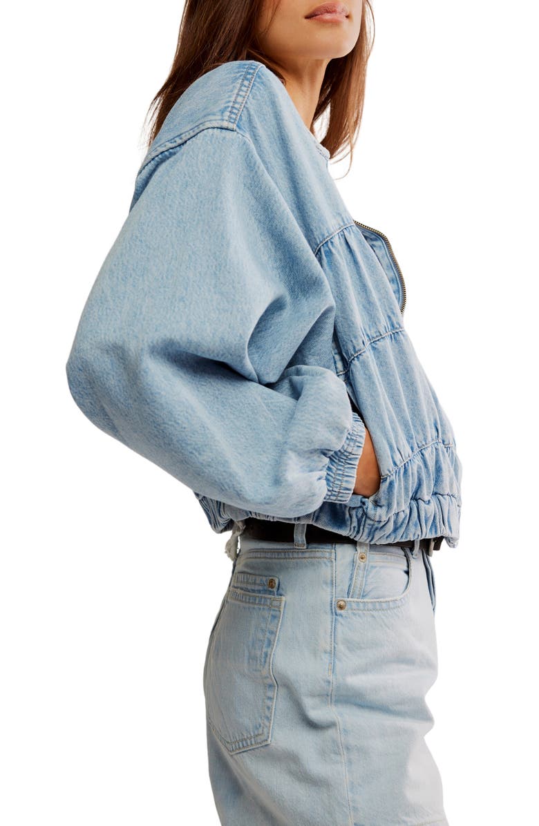 Free People Layla Smocked Crop Denim Jacket, Alternate, color, Sunbeam