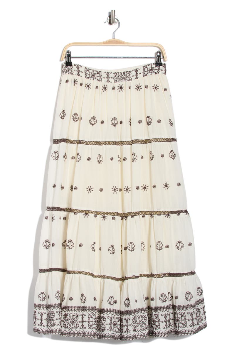 T Tahari Embroidered Tiered Cotton Skirt, Main, color, Ivory/ Ganache