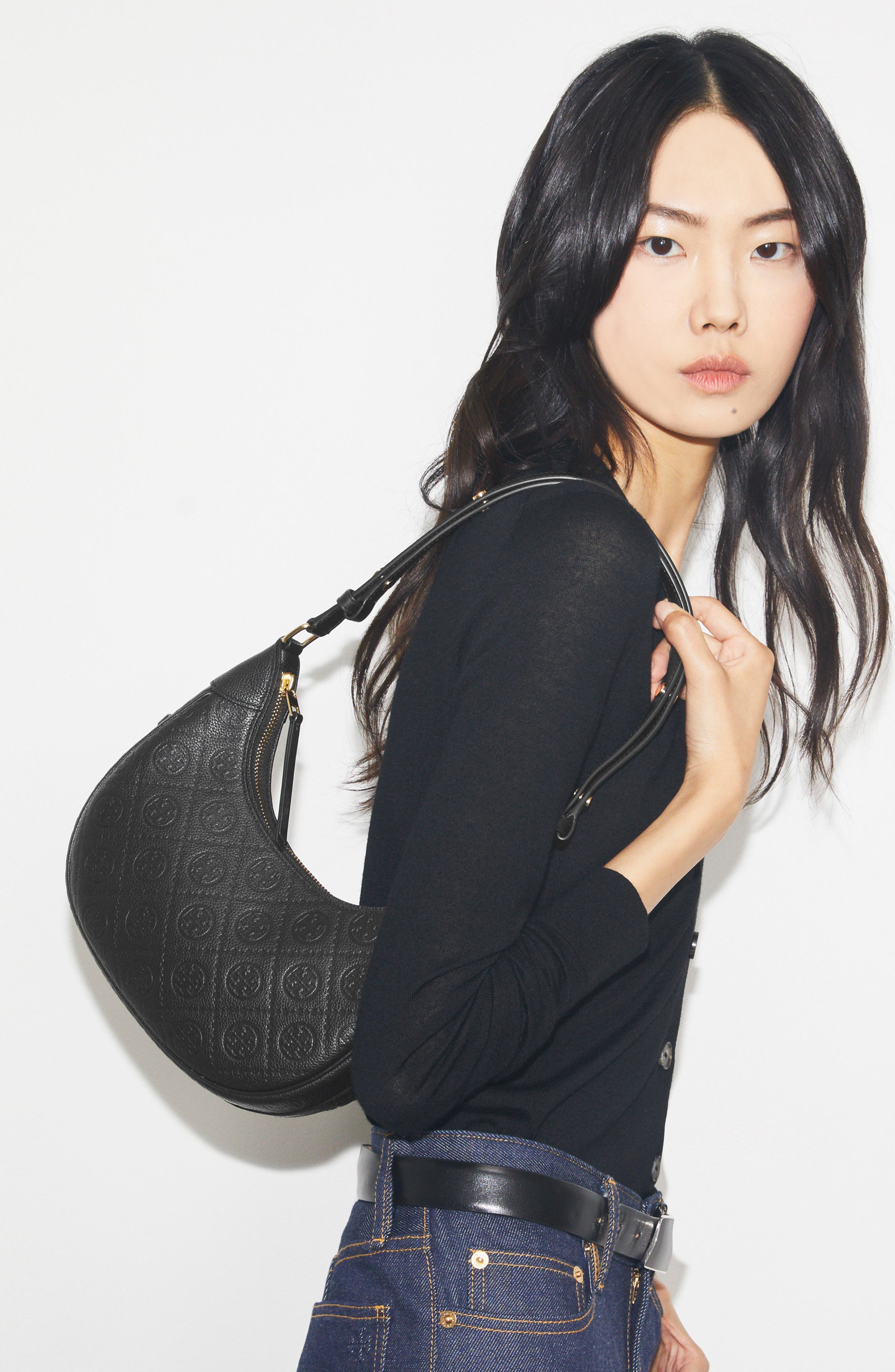 Tory Burch T Monogram Pebble Leather Crescent Shoulder Bag, Alternate, color, Black