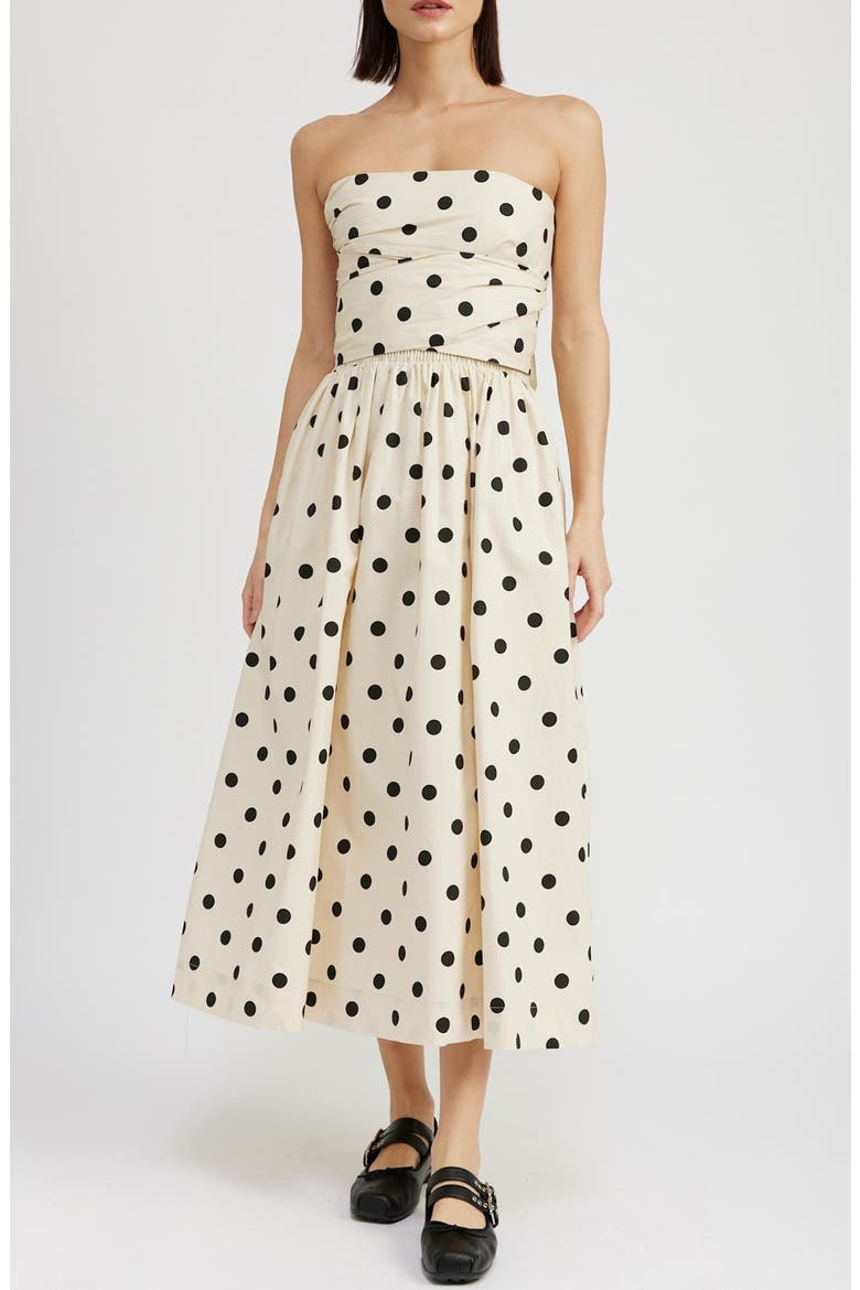 Josephine Polka Dot Strapless Cotton Midi Sundress, Main, color, NATURAL BLACK