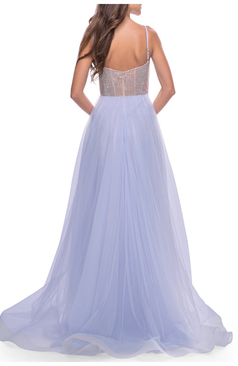 La Femme Sheer Rhinestone Bodice A-Line Tulle Gown, Alternate, color, Light Periwinkle