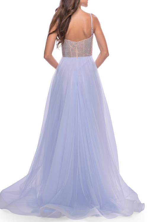 La Femme Sheer Rhinestone Bodice A-line Tulle Gown In Light Periwinkle