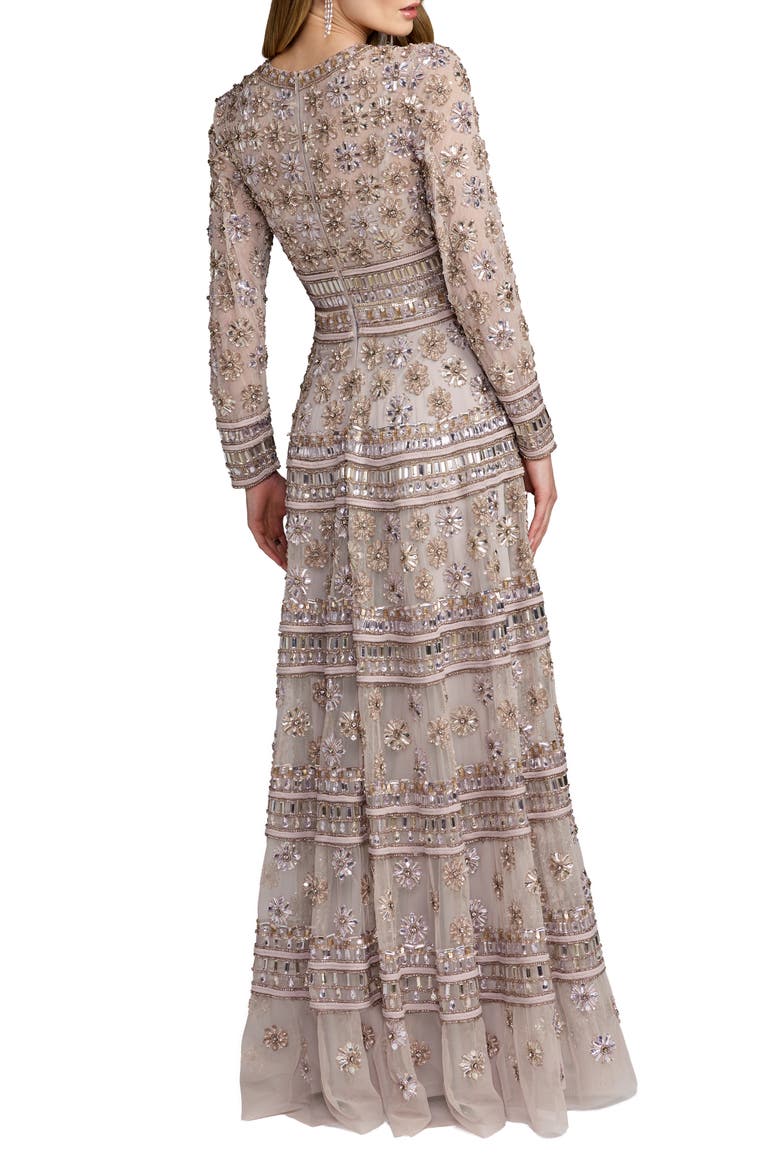 Embellished Mesh Sheer Long Sleeve A Line Gown, Alternate, color, Vintage Lilac