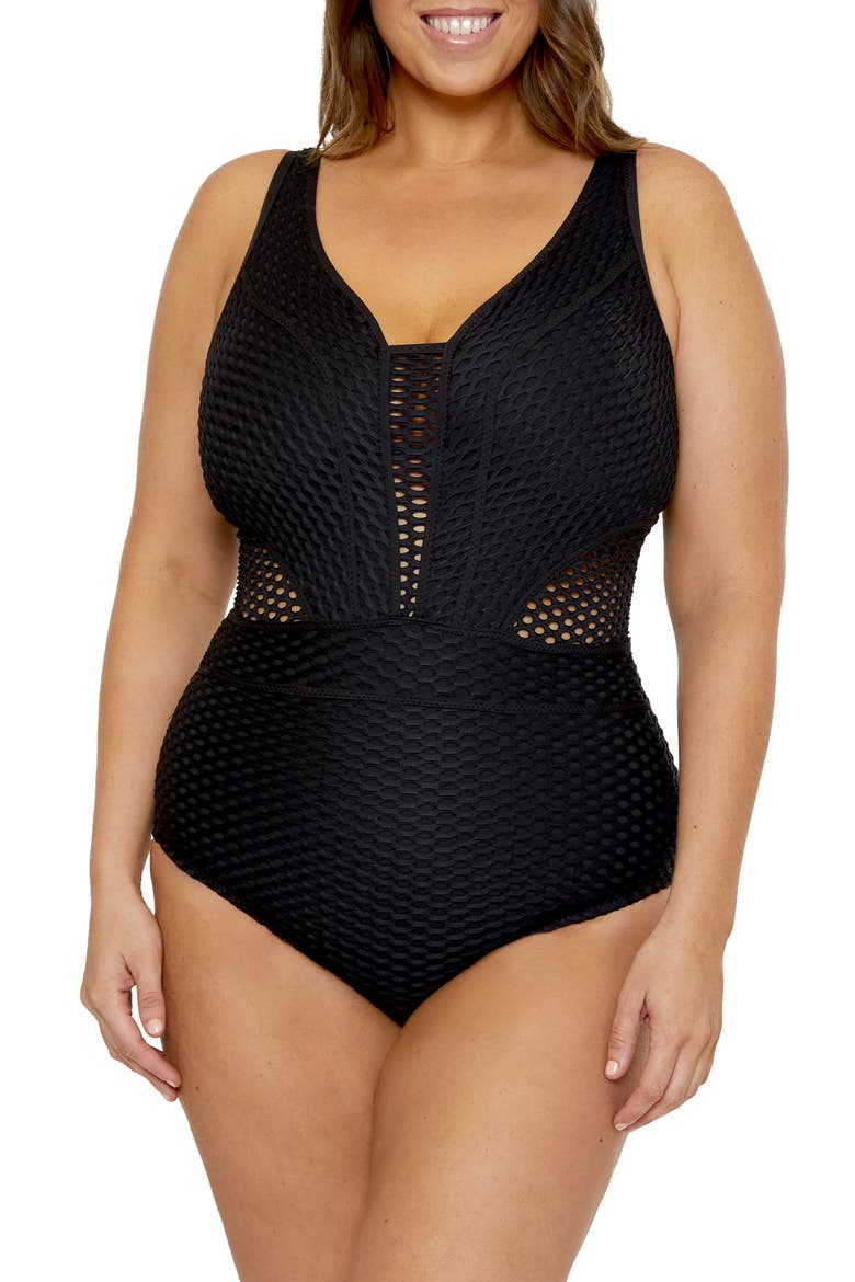 Castaway One-Piece Swimsuit Plus), Main, color, BLACK