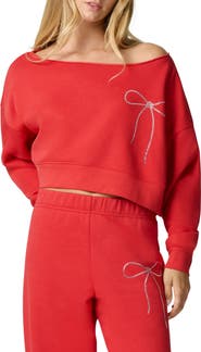 Florence by Mills Crystal Bow Off the Shoulder Crop Sweatshirt
