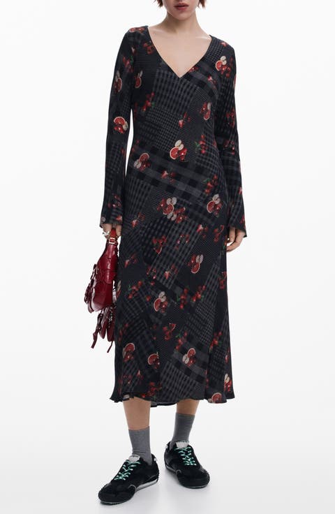 Mixed Print Long Sleeve Midi Dress