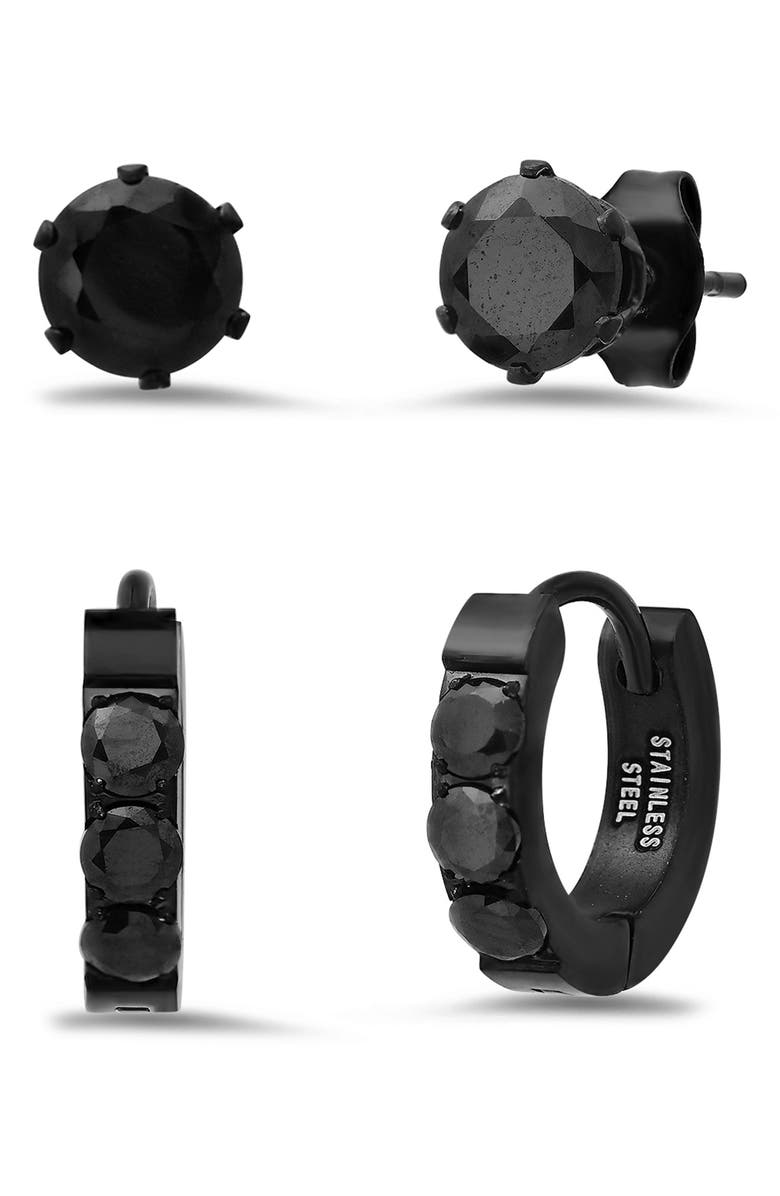 HMY JEWELRY Men's Set of 2 Black Stainless Steel Crystal Stud & Hoop Earrings, Main, color, Black